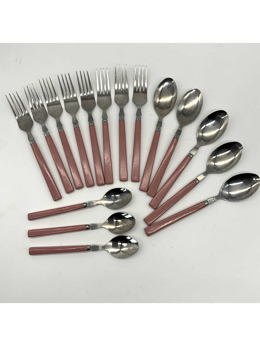 Vintage Stainless Flatware Lot Pink Handles Taiwan 16 Pieces Forks Spoons Retro